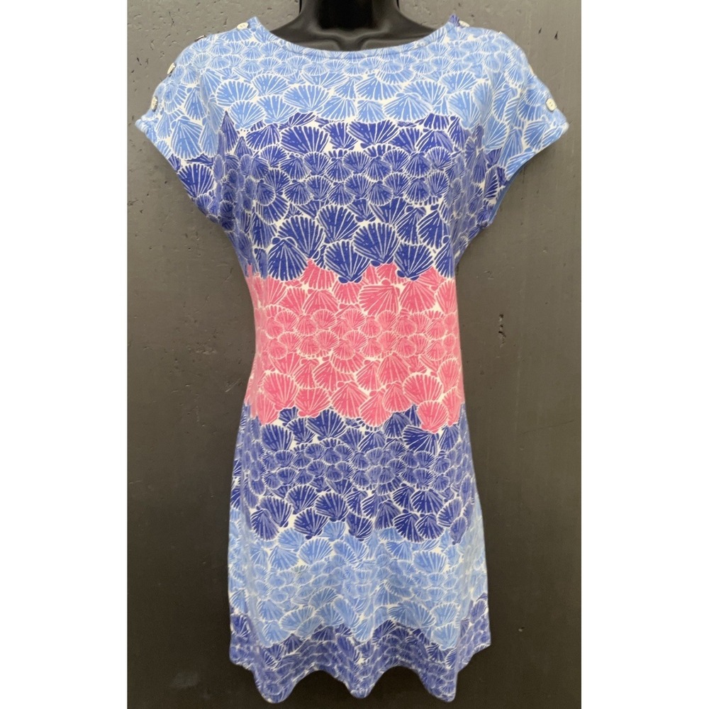 Talbots Petites Dress Sp Blue Pink Seashells Cotton Coastal Prep Beachy Vacation